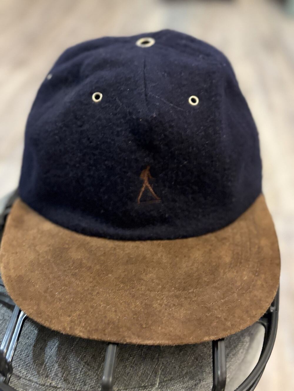 Vintage Rover & Hobbs Wool Suede Strapback Hat Navy Brown Leather Brim Cap